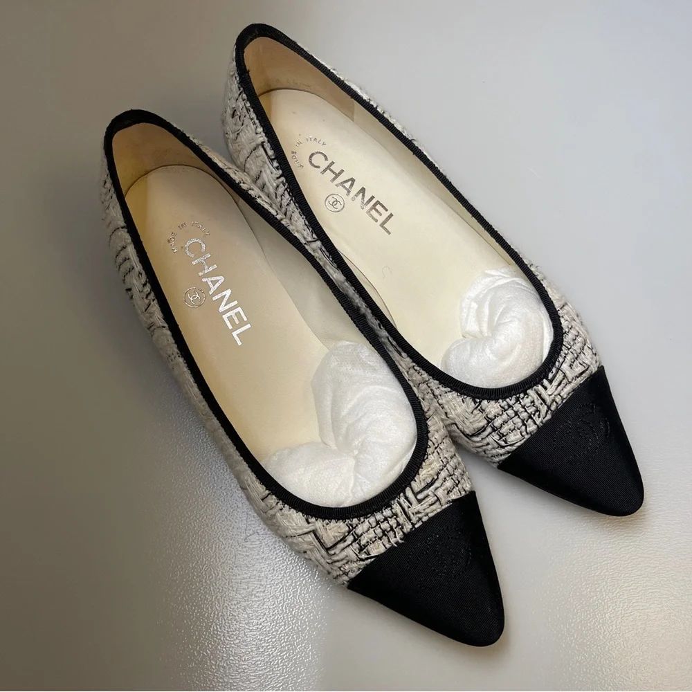 Chanel Chain Link Heel tweed CC Ballerinas flat black white size 39women - Picture 1 of 12